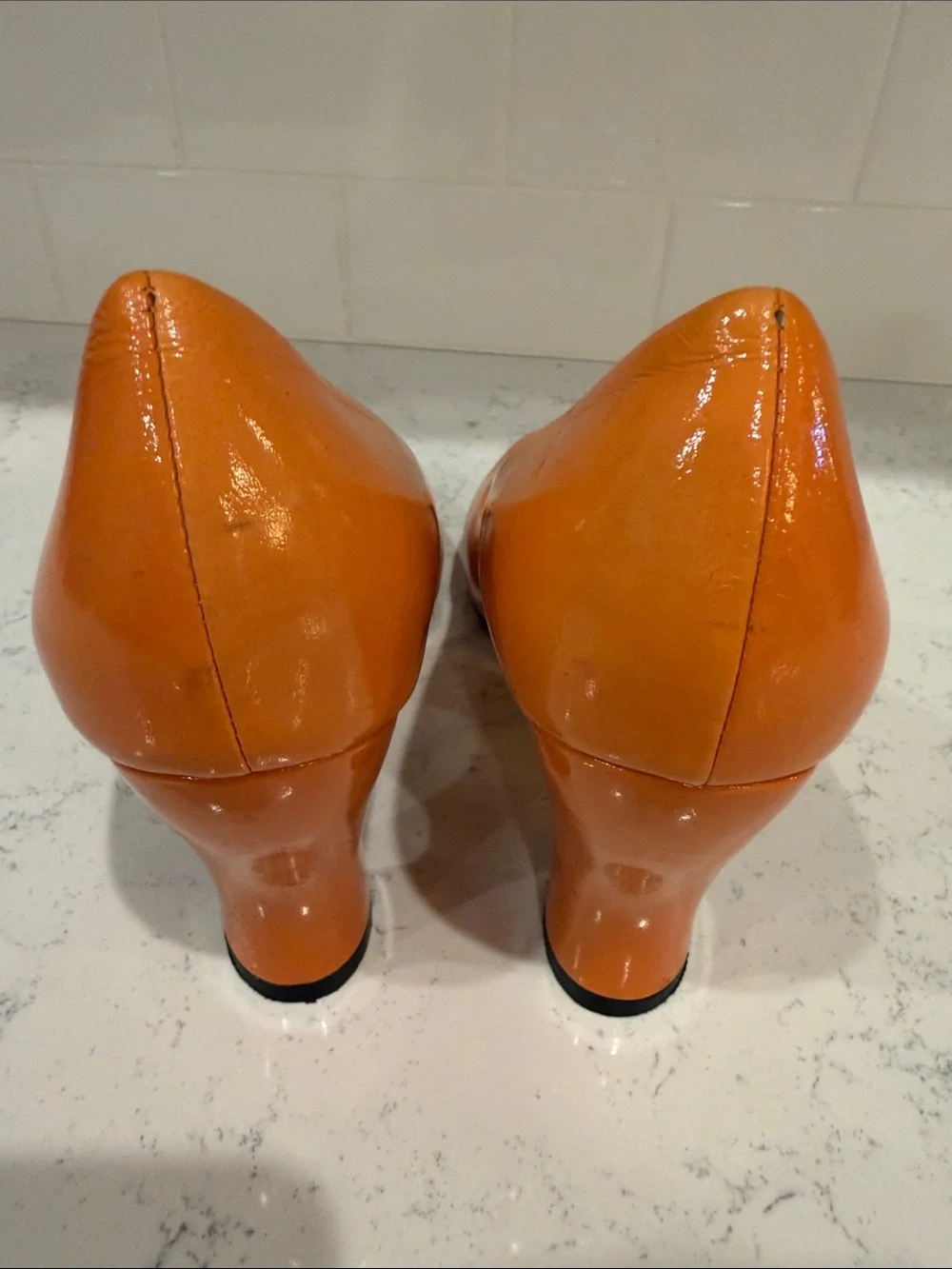 John Fluevog Patent Orange Round-Toe Block Heel Pumps Size 8.5 Dopamine Dressing